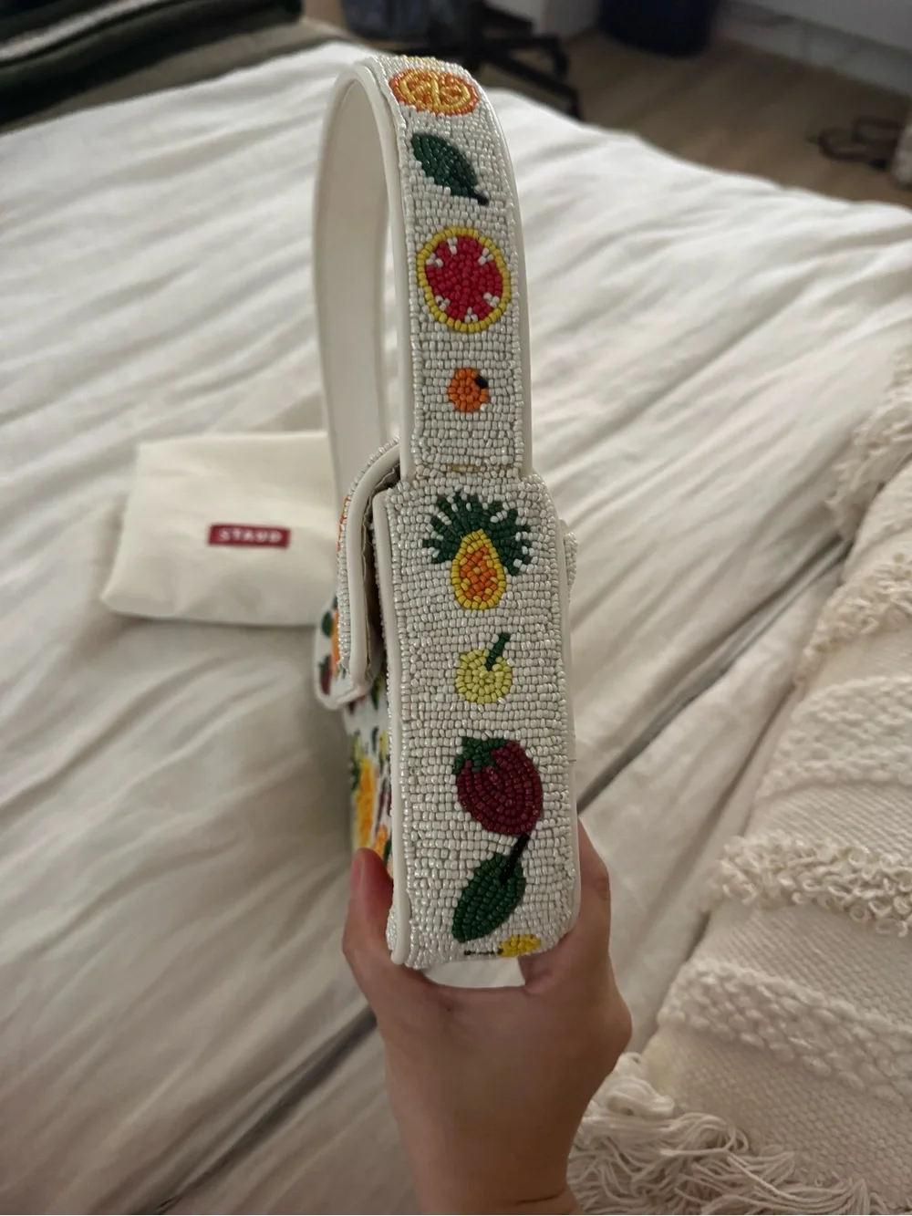 Staud Tommy White Beaded Fruit-Embroidered Shoulder Bag